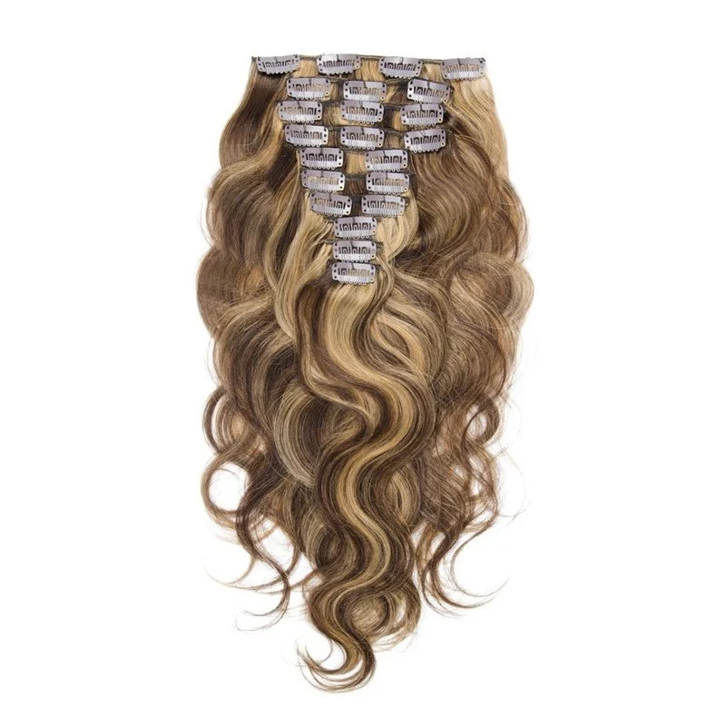 120g 10pcs Clip in Real Human Hair Extension Body Wave Highlight Color