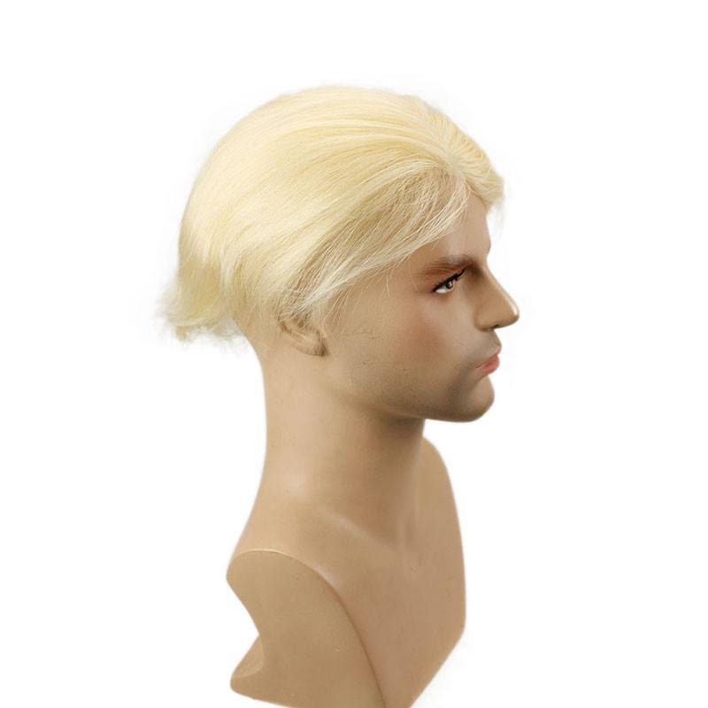 613# Blonde Men`s Toupee 6 inch Hairpiece Whole PU Base Brazilian Remy Human Hair Natural Straight 10*8