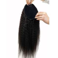 Kinky Straight Human Hair Ponytail Extensions Clip In Brazilian Remy Hair Bun Drawstring Natural Color 22