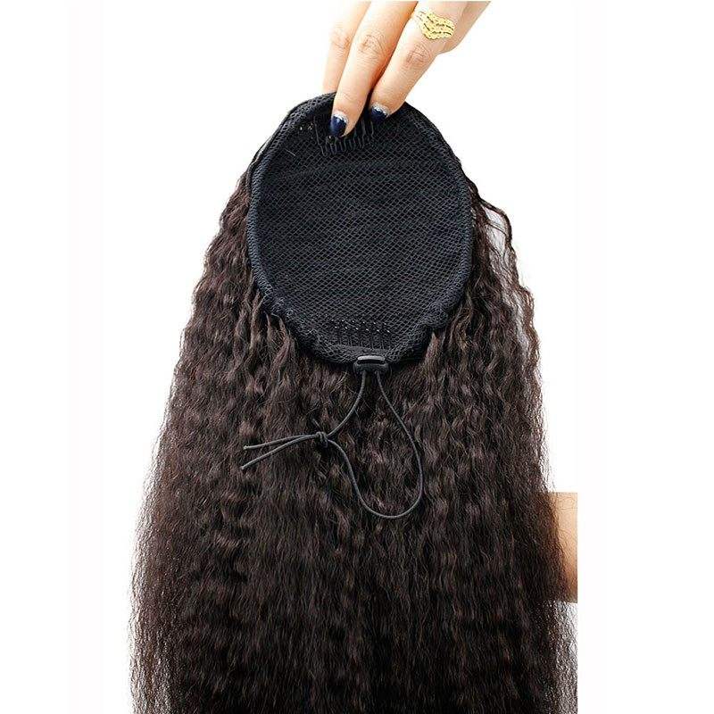 Kinky Straight Human Hair Ponytail Extensions Clip In Brazilian Remy Hair Bun Drawstring Natural Color 22" for Women