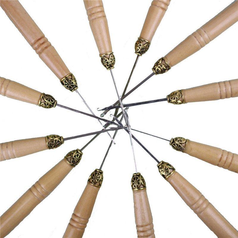 12pcs/lot Wooden Handle Latch Hook for Wig Ventilating High Quality Crochet Needles