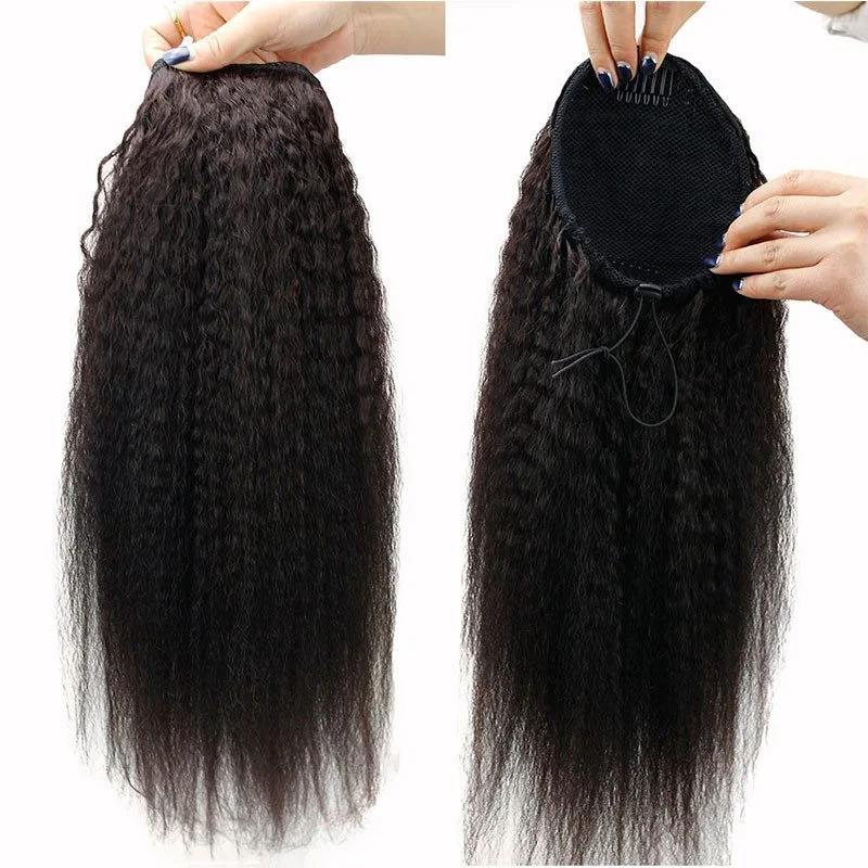 Kinky Straight Human Hair Ponytail Extensions Clip In Brazilian Remy Hair Bun Drawstring Natural Color 22" for Women