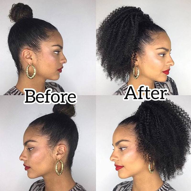 Natural Black Remy Hair Afro Kinky Curly Ponytail For Women Clip In Ponytails Human Hair