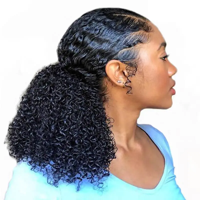 3B 3C Clip In Brazilian Human Hair Kinky Curly Ponytail Extensions Natural Color