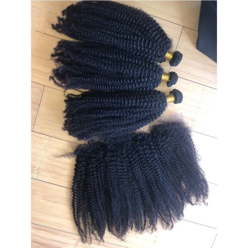 Best Quality 12A Mongolian Human Virgin Kinky Curly Hair With Frontal, 4B4C Afro Kinky Hair Extensions 8"-40" Selling