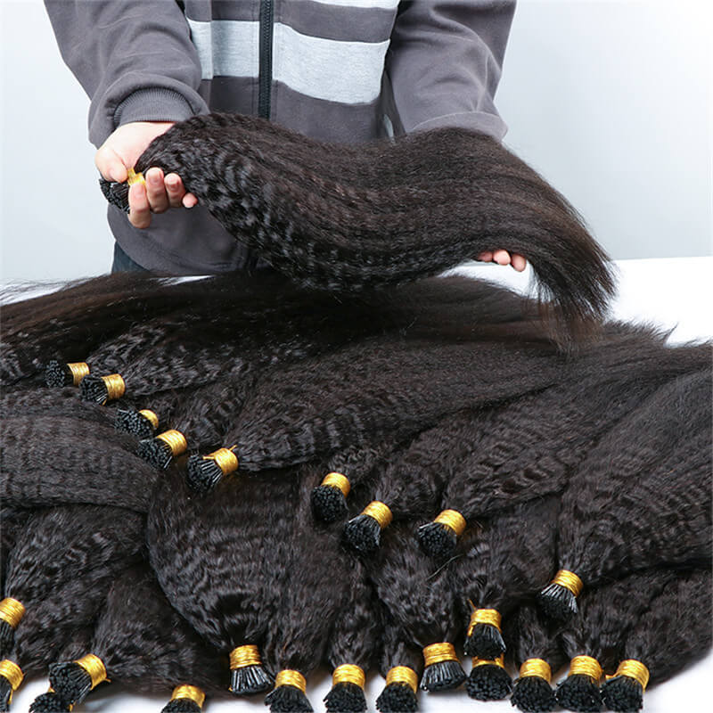 Full Cuticle Aligned Natural Black Keratin I Tip Hair Burmese Kinky Curly Hair Extensions