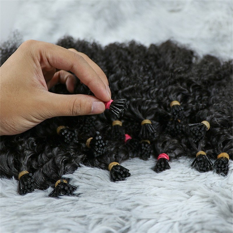 Full Cuticle Aligned Natural Black Keratin I Tip Hair Burmese Kinky Curly Hair Extensions