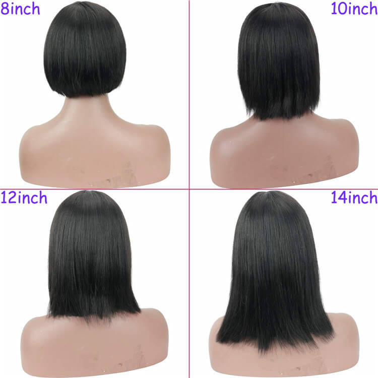 Short Bob Wigs 10A Brazilian Straight Human Hair Glueless Machine Made None Lace Wig with Flat Bangs for Black Women Natural Black Color Free Part 130