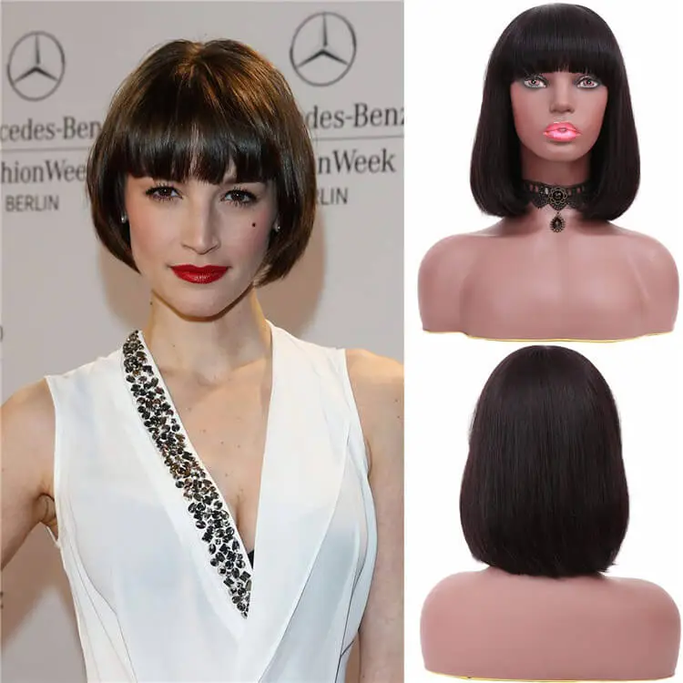 Short Bob Wigs 10A Brazilian Straight Human Hair Glueless Machine Made None Lace Wig with Flat Bangs for Black Women Natural Black Color Free Part 130