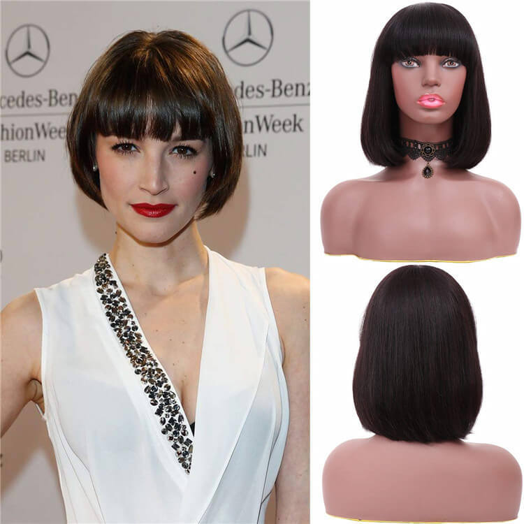 Short Bob Wigs 10A Brazilian Straight Human Hair Glueless Machine Made None Lace Wig with Flat Bangs for Black Women Natural Black Color Free Part 130