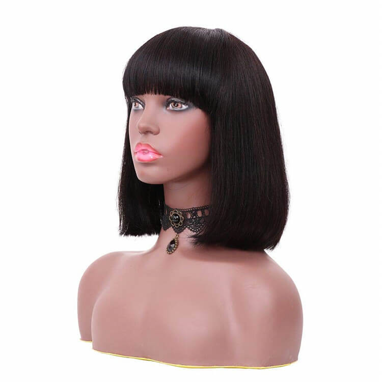 Short Bob Wigs 10A Brazilian Straight Human Hair Glueless Machine Made None Lace Wig with Flat Bangs for Black Women Natural Black Color Free Part 130