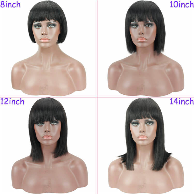 Short Bob Wigs 10A Brazilian Straight Human Hair Glueless Machine Made None Lace Wig with Flat Bangs for Black Women Natural Black Color Free Part 130