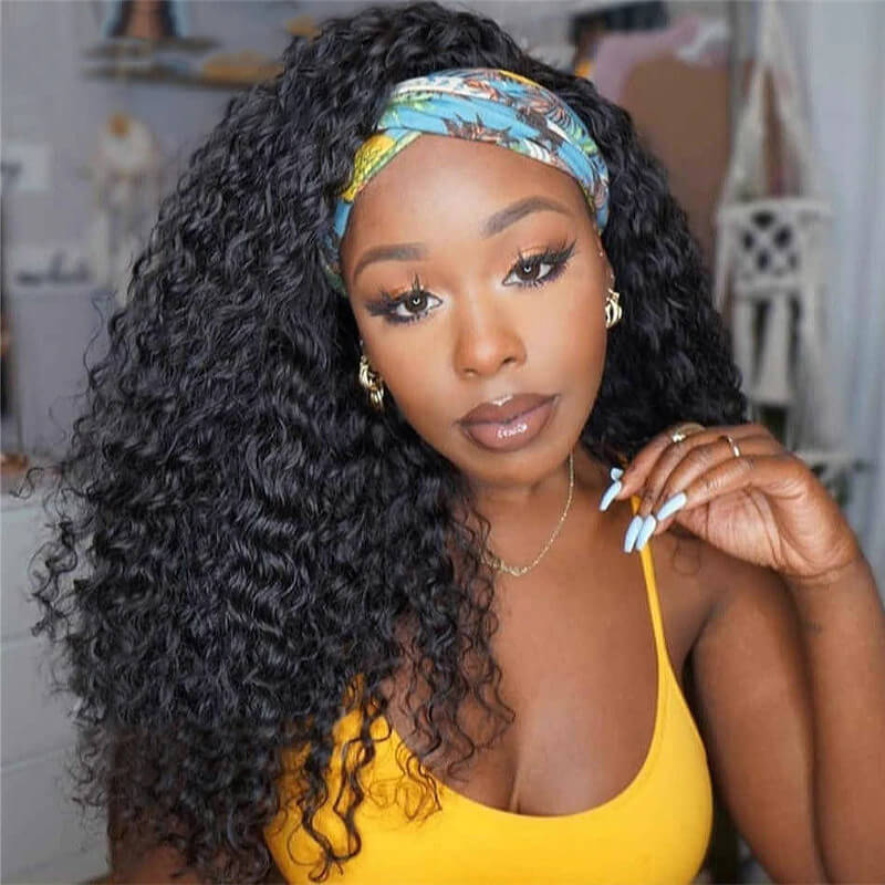 Deep Wave Headband Wig Natural Color Machine Made Non-Lace Wigs Headbands