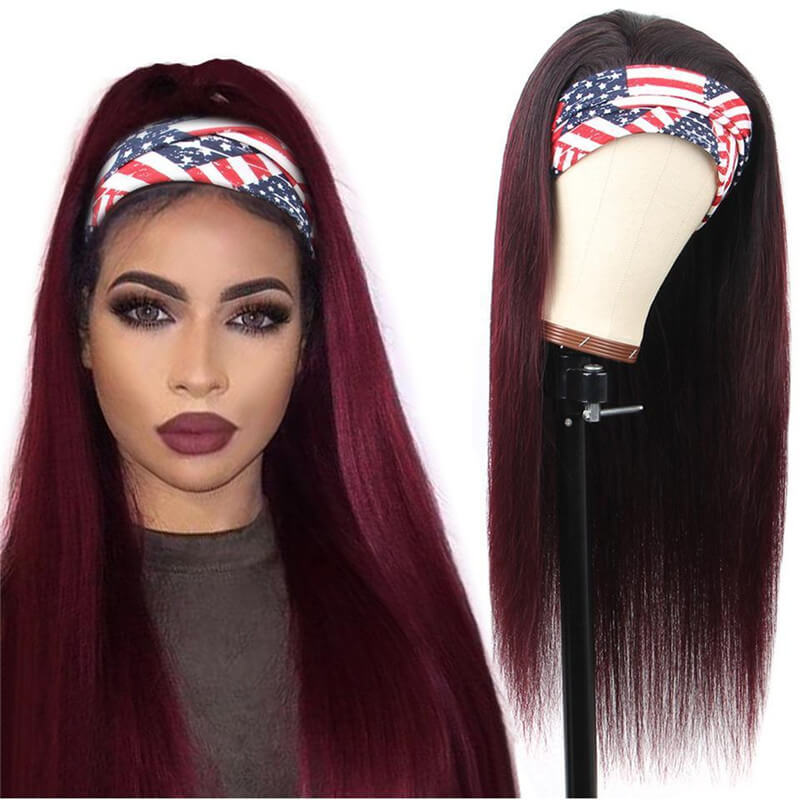 Ombre Straight Headband None Lace Human Hair Wigs Dark Burgundy T 1B/99J