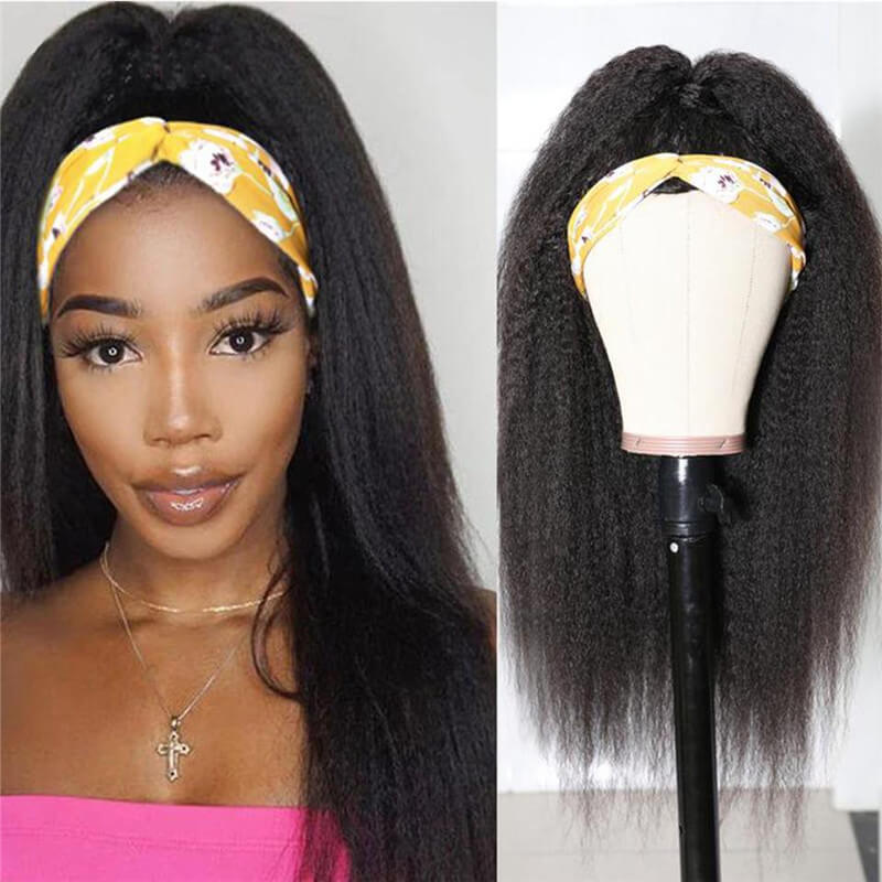 Headband Human Hair Wig Glueless Yaki Straight Machine Made Non-Lace Wigs