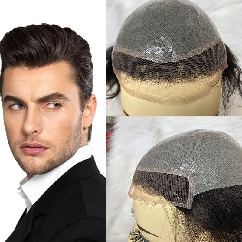 Men'S Toupee Hairpieces Replacement System For Men PU Base With Frontal Swiss Lace Net 100% European Remy Human Hair 10x8 inch