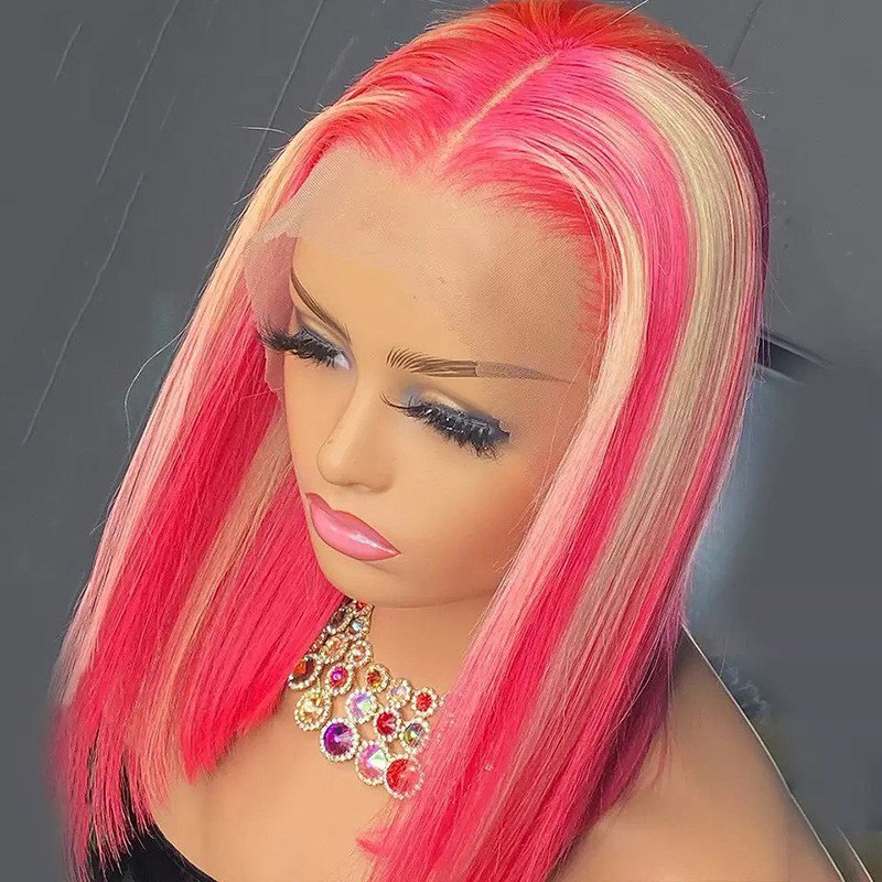 Blonde Pink Highlight Wig Short Bob Wig With Transparent Lace Brazilian Remy Orange Blonde Colored Human Hair Wigs For Women