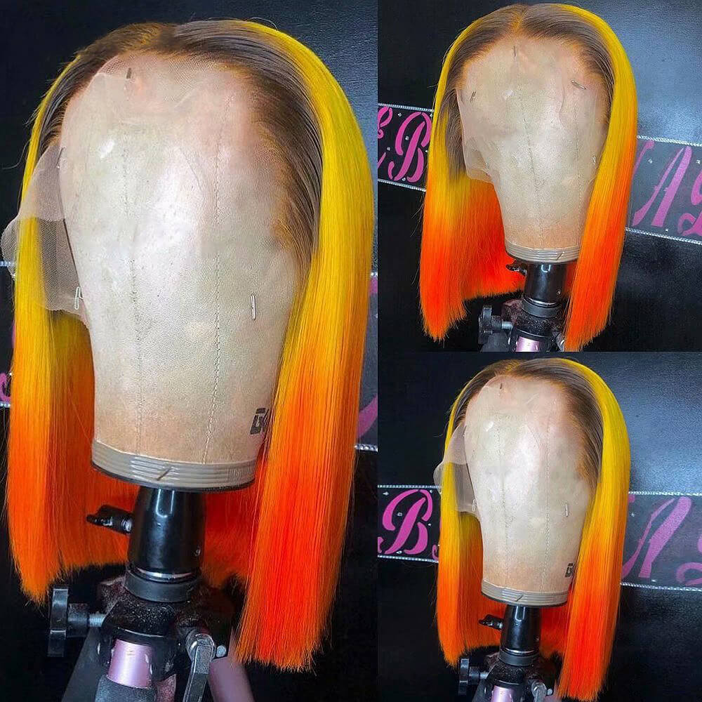 Ombre Pink Colored Human Hair Wigs Brazilian Remy Yellow Orange Ombre Blonde Wig Human Hair Transparent Lace Wigs For Women