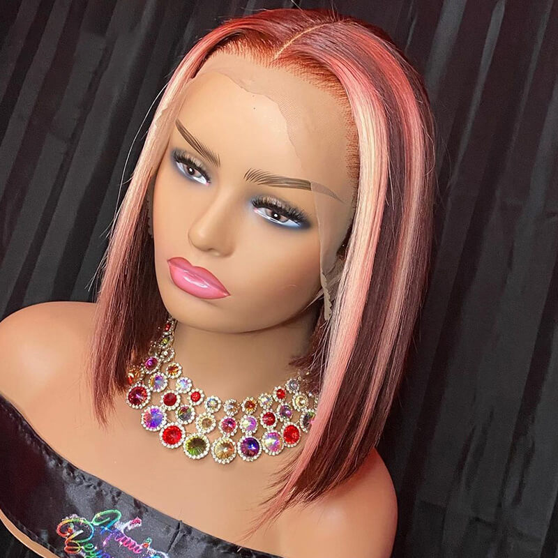 Blonde Pink Highlight Wig Short Bob Wig With Transparent Lace Brazilian Remy Orange Blonde Colored Human Hair Wigs For Women