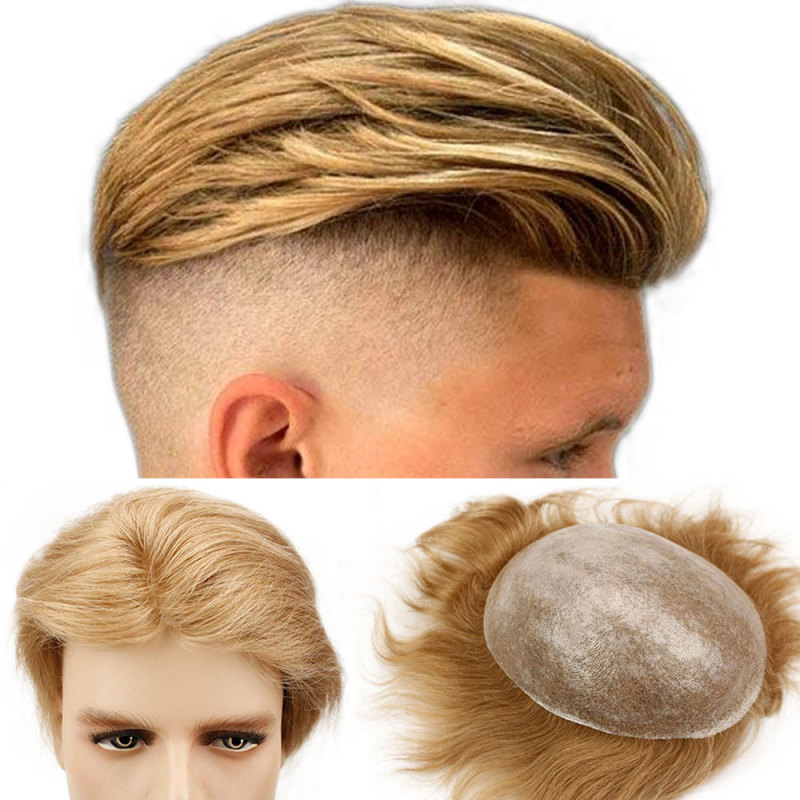 21# Blonde Mens Hair Replacement System Toupee Whole Full PU Base 10x8 Natural Straight Brazilian Remy Human Hair Piece