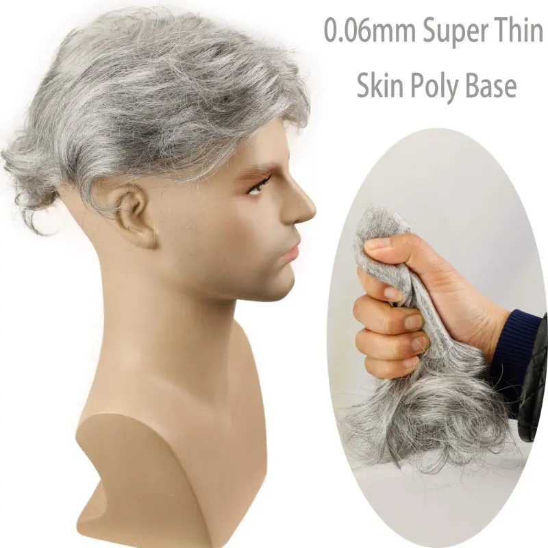 Grey Men`s Toupee Hairpiece Whole PU Base Brazilian Remy Human Hair 1b# Mix 80% Grey Hair Natural Straight 10*8