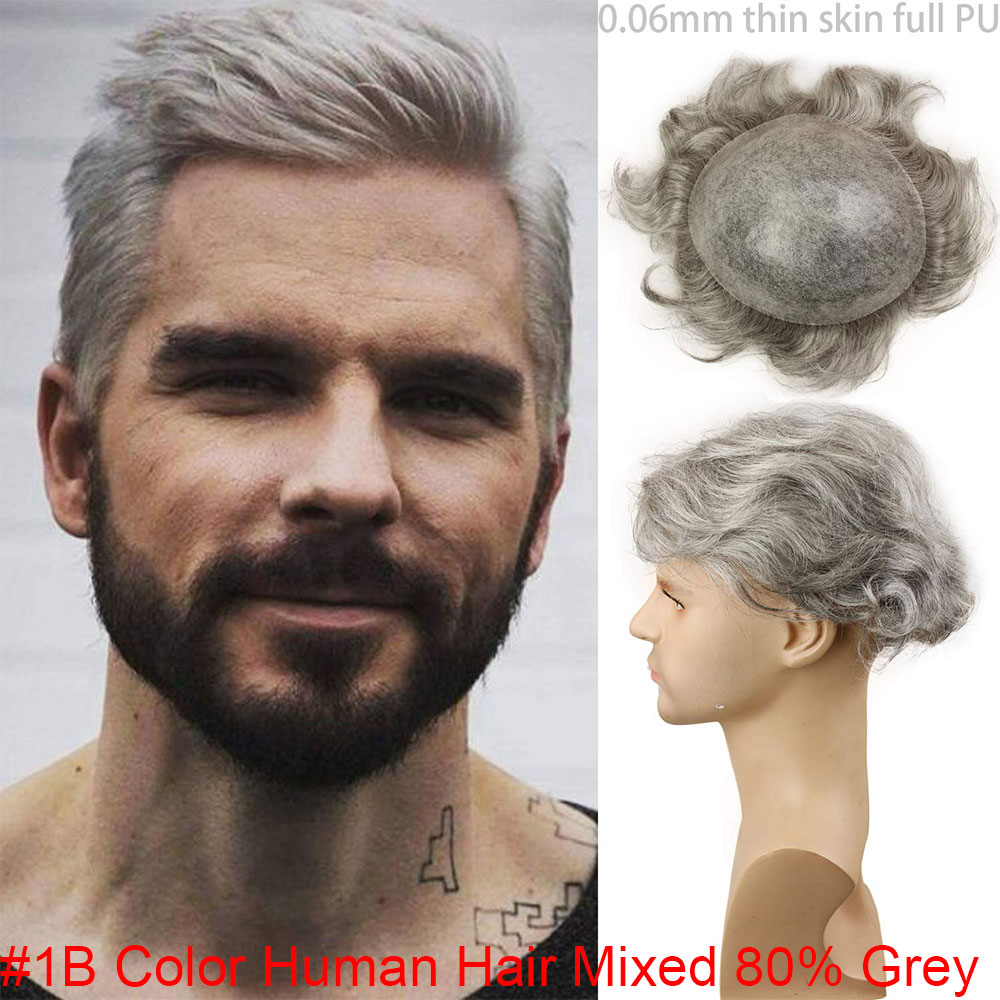 Thin Skin Straight Hair Replacement Brazilian Remy Human Hair Mix 20% Grey Synthetic Hair Toupee for Men 10x8