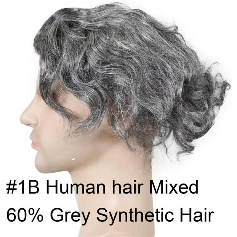 Thin Skin Straight Hair Replacement Brazilian Remy Human Hair Mix 20% Grey Synthetic Hair Toupee for Men 10x8