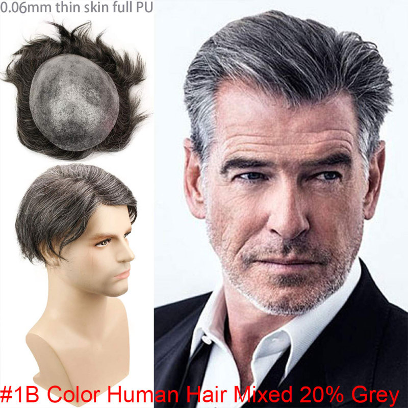 Grey Men`s Toupee Hairpiece Whole PU Base Brazilian Remy Human Hair 1b# Mix 80% Grey Hair Natural Straight 10*8