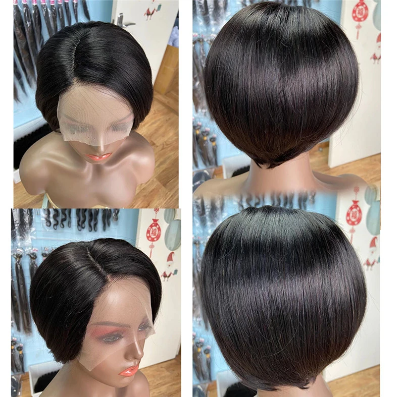 Short Pixie Cut Bob J Part Lace Wig Straight Human Hair 150% Density Glueless Lace Front Bob Wigs for Black Women Pre Plucked With Baby hair 6 inch