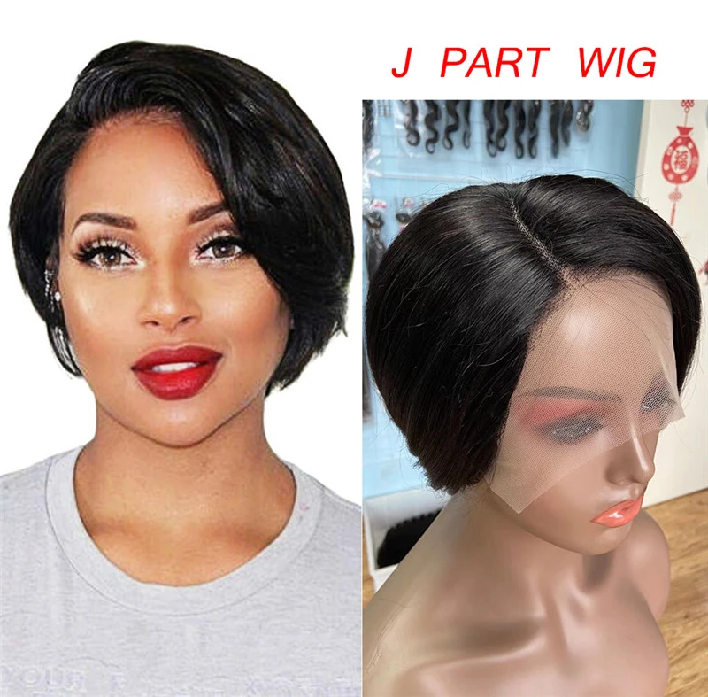 Short Pixie Cut Bob J Part Lace Wig Straight Human Hair 150% Density Glueless Lace Front Bob Wigs for Black Women Pre Plucked With Baby hair 6 inch