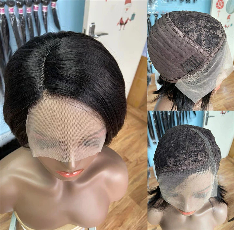 Short Pixie Cut Bob J Part Lace Wig Straight Human Hair 150% Density Glueless Lace Front Bob Wigs for Black Women Pre Plucked With Baby hair 6 inch