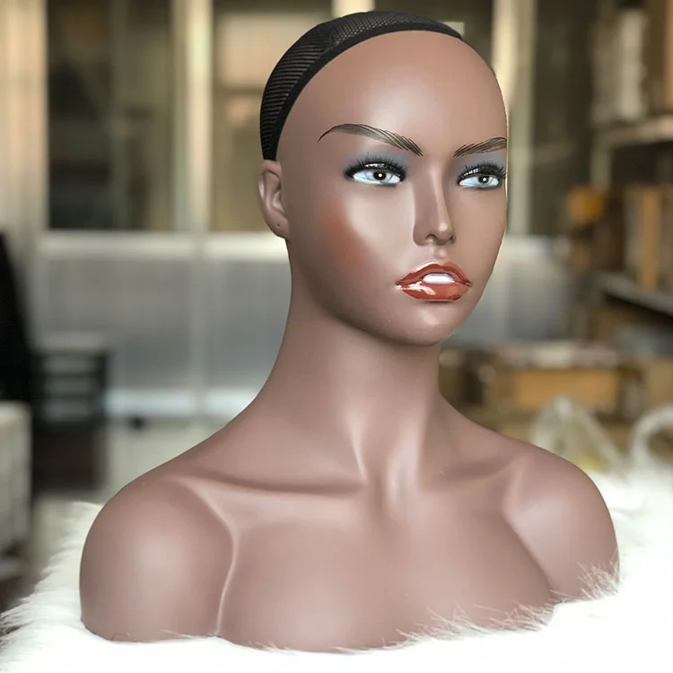 nunify maniquin head with shoulders chest eyelashes ear holes one pari free earring dark brown beige mannequin head wig tools