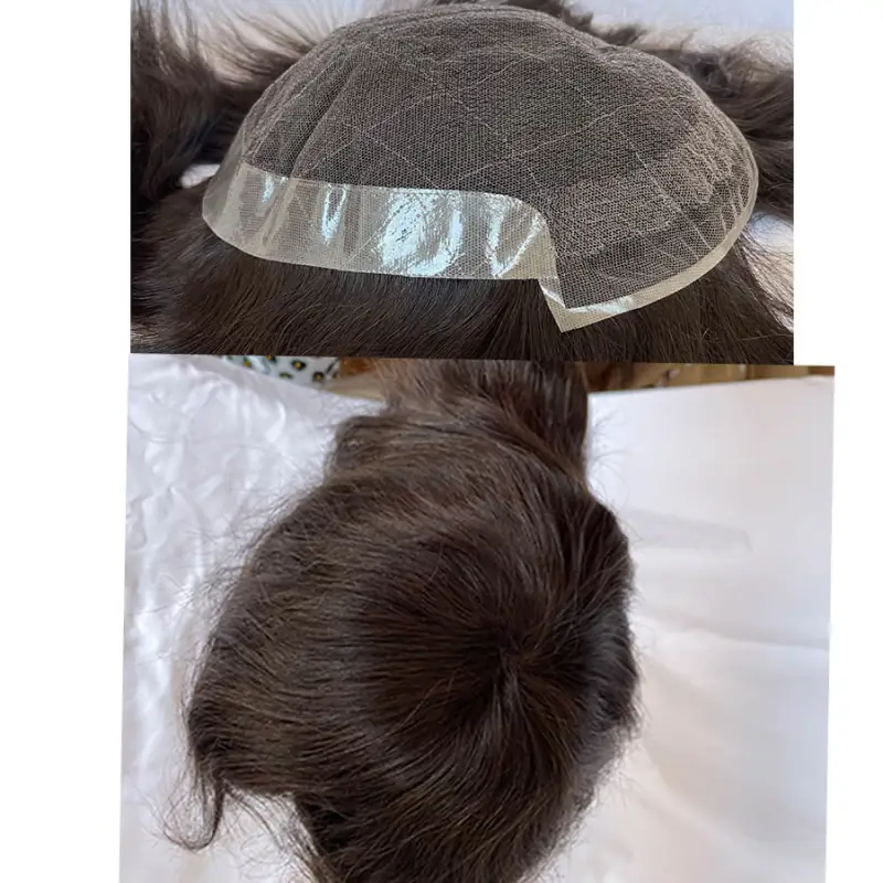 In Stock Toupee for Men European Human Hair Pieces for Men 10X7"Lace and Around PU Hair Replacement System for Men Natural Wavy