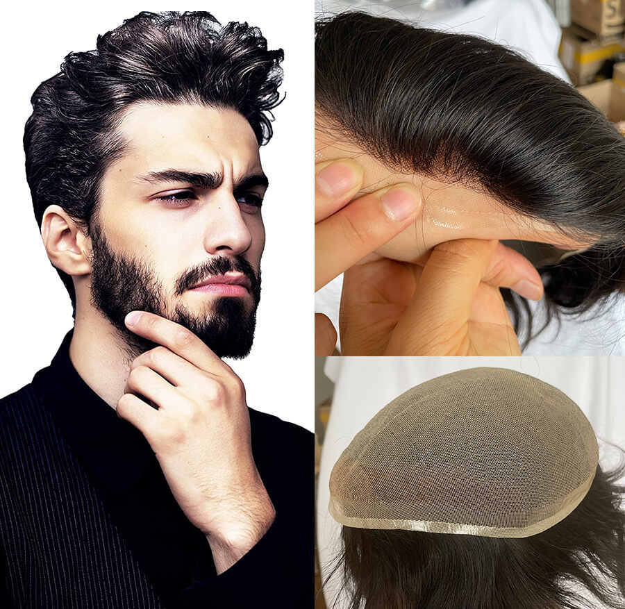 100%European Human Hair Toupee For Men With Soft Super Fine Swiss lace 10x8"Full Lace Toupee Straight hair pieces #1b Off black