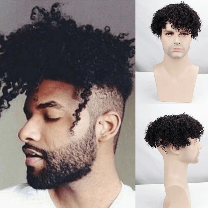 Toupee For Men Kinky Curl HairPieces Human Hair Replacement System For Men9"x7 PU and MONO Lace Human Hair Mens Toupee Hair 1B