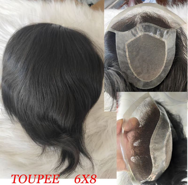 Men's Toupee European Human Hair Replacement Wigs Front Lace Men Toupee Mono Lace With PU Around 6"x8" for Man Toupee 1B Color