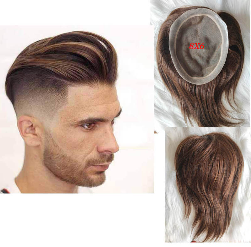 Toupee Skin Men's Toupee Human Hair Pieces for Men Natural Hair Replacement Brown Color Mono Lace Men Toupee 6X8