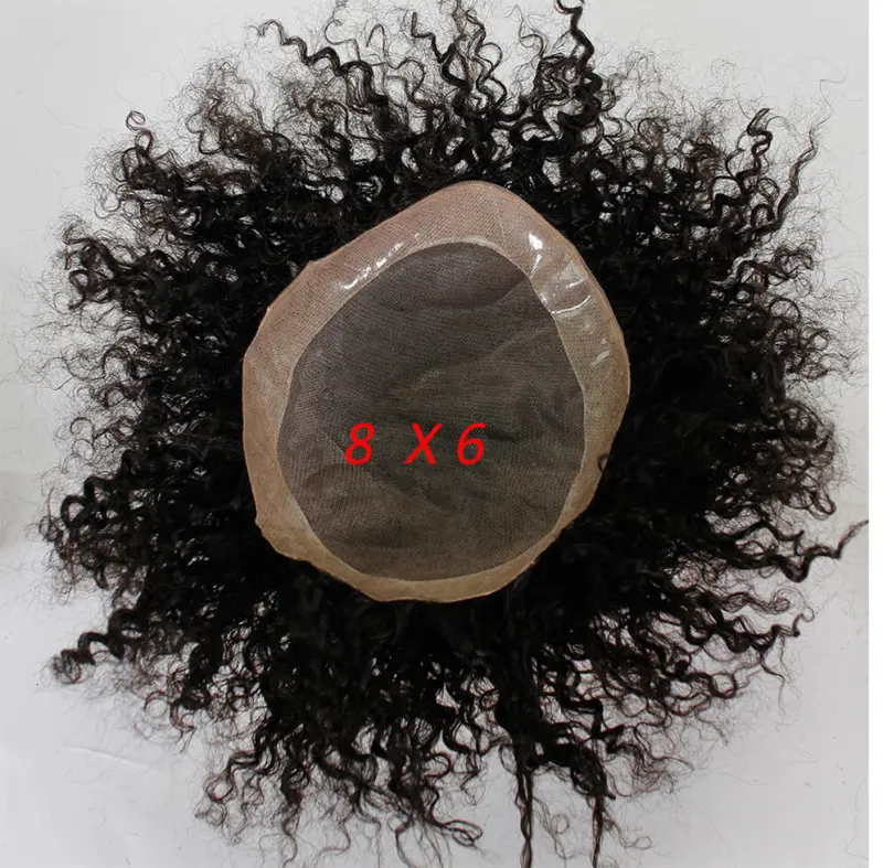 Toupee For Men Kinky Curl HairPieces Human Hair Replacement System For Men9"x7 PU and MONO Lace Human Hair Mens Toupee Hair 1B