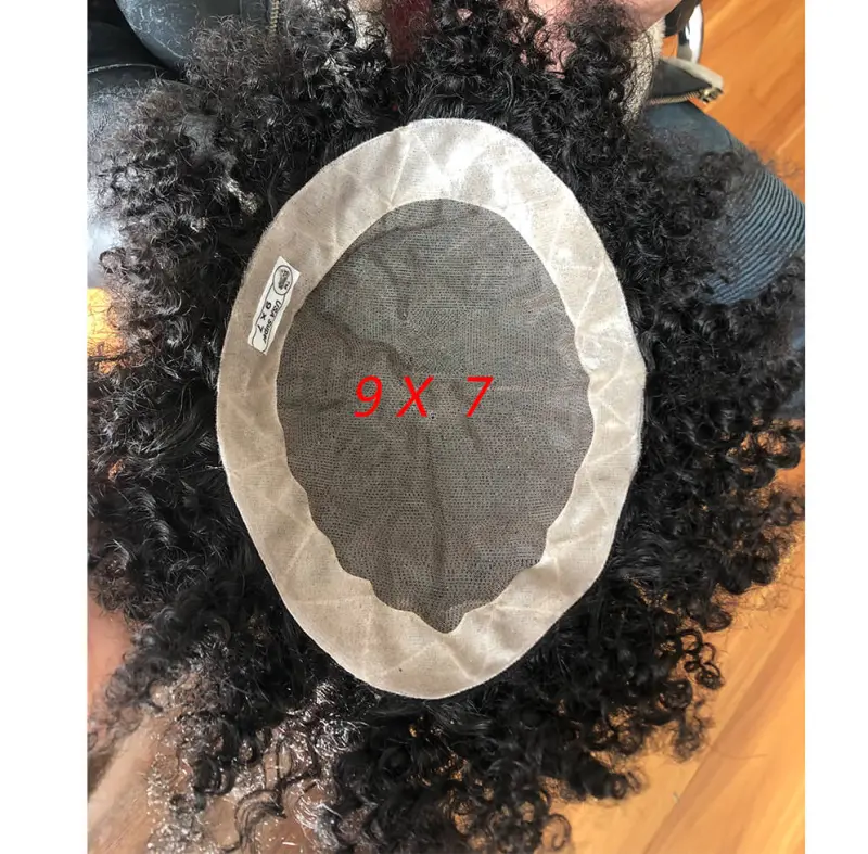 Toupee For Men Kinky Curl HairPieces Human Hair Replacement System For Men9"x7 PU and MONO Lace Human Hair Mens Toupee Hair 1B