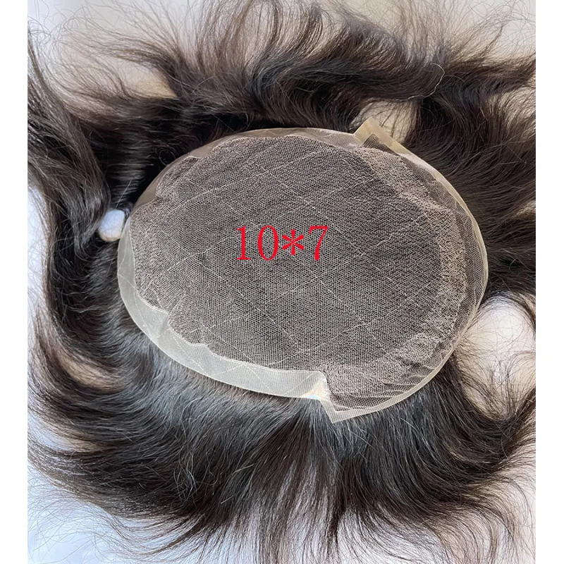 In Stock Toupee for Men European Human Hair Pieces for Men 10X7"Lace and Around PU Hair Replacement System for Men Natural Wavy