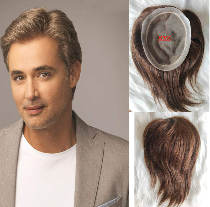 Toupee Skin Men's Toupee Human Hair Pieces for Men Natural Hair Replacement Brown Color Mono Lace Men Toupee 6X8