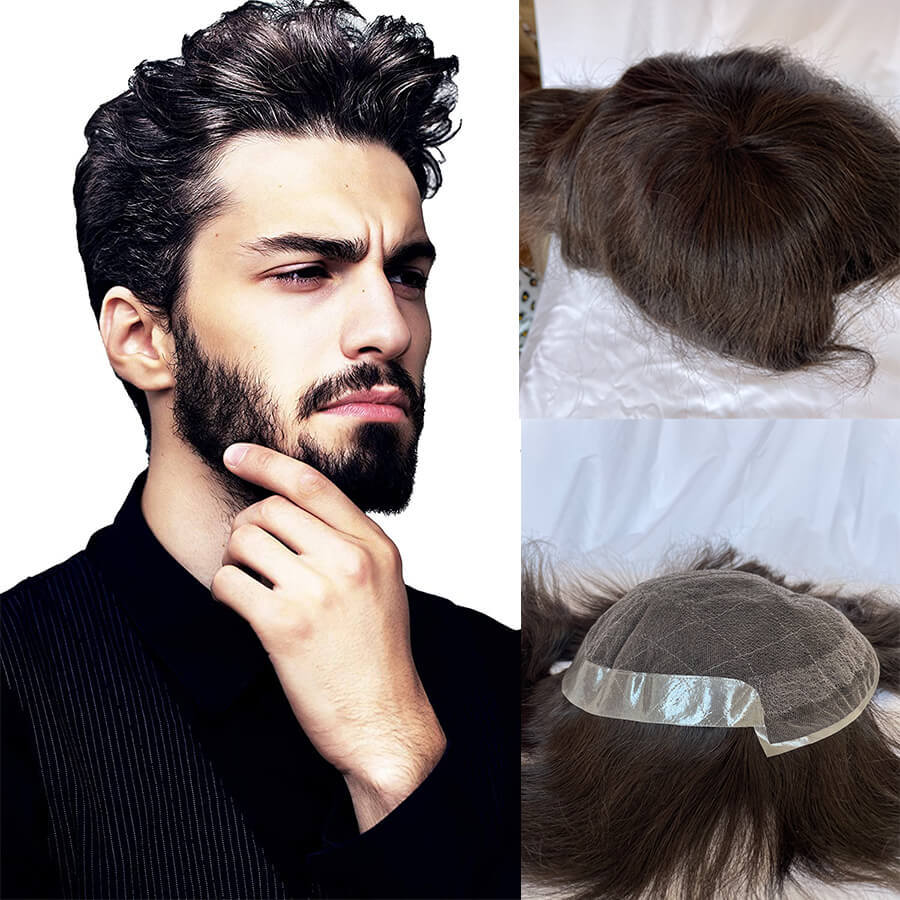 In Stock Toupee for Men European Human Hair Pieces for Men 10X7"Lace and Around PU Hair Replacement System for Men Natural Wavy