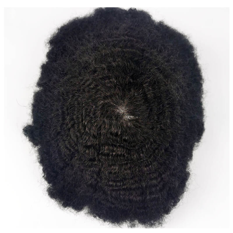 Afro Kinky Curly Men's Toupee for African American Men Hairpiece 100% Human Hair 10x8inch Replacement Wig #1B Jet Black Color