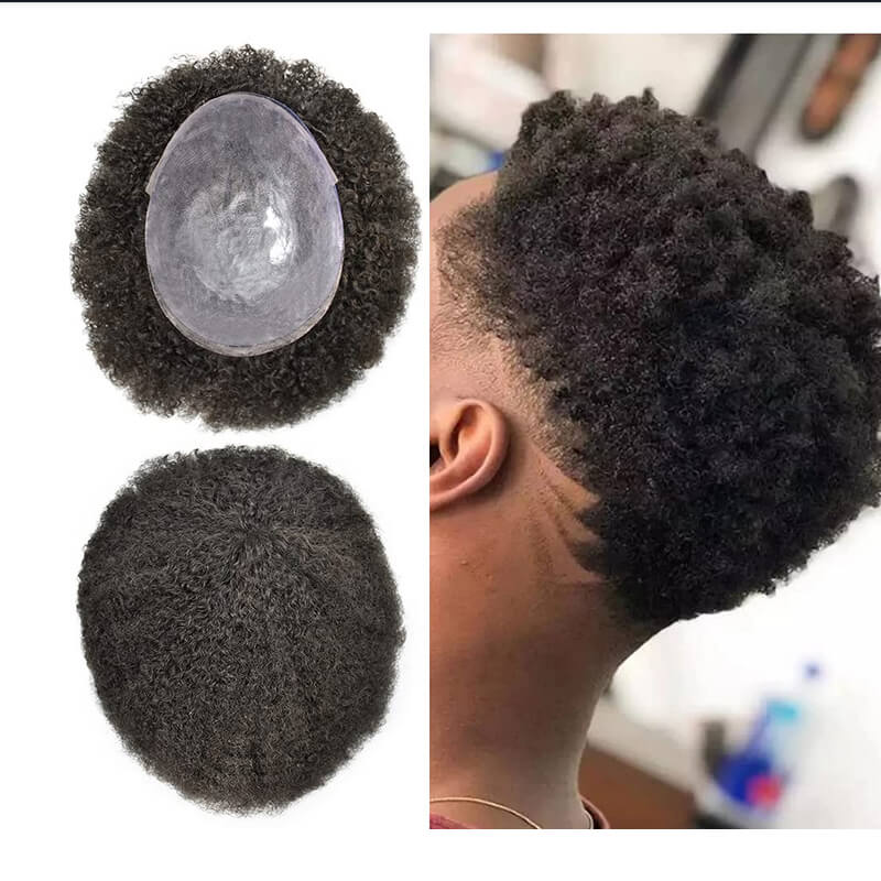 Afro Kinky Curly Men's Toupee for African American Men Hairpiece 100% Human Hair 10x8inch Replacement Wig #1B Jet Black Color