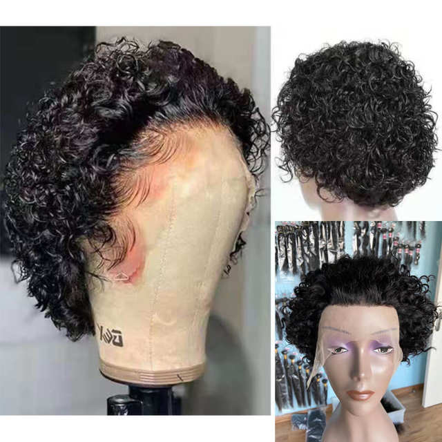 Pixie Cut Wig Preplucked Bob Lace Part afro Wigs Short Curly lace frontal bouncy curly human hair wig