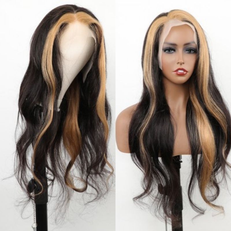 Skunk Stripe Human Virgin Hair  Hairstyle Wig With Honey Blonde Highlights  Lace Front Wig For Black Woman