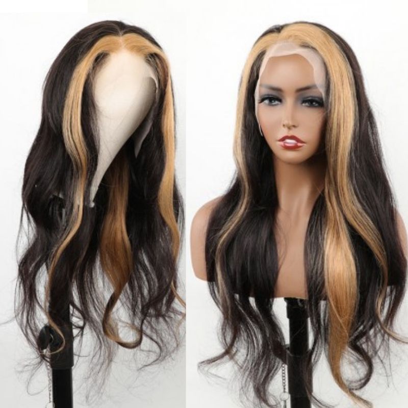 Skunk Stripe Human Virgin Hair  Hairstyle Wig With Honey Blonde Highlights  Lace Front Wig For Black Woman