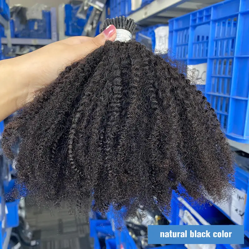 Natural Black Afro Kinky Curly I Tip Microlinks Human Hair Extensions For Women Mongolian Kinky Curly Human Hair 3 Bundles