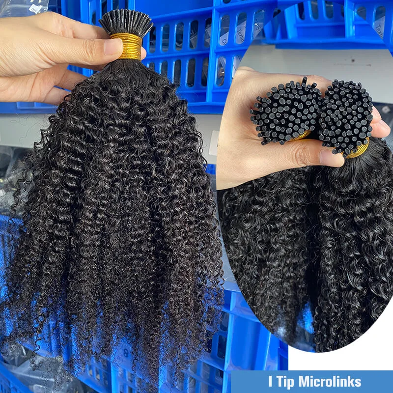 4A 4B Afro Kinky Curly I Tip Microlinks Brazilian Virgin Human Hair Extensions I Tips Bulk Hair Natural Black Color For Women