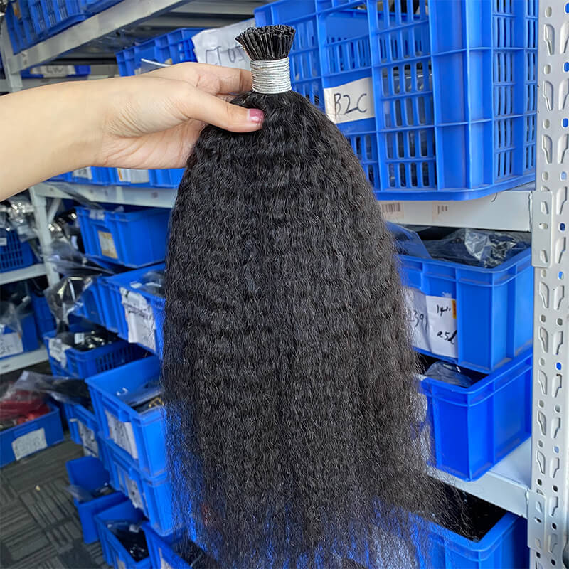 I-Tip Kinky Straight Coarse Human Hair Bundles Natural Black Textured Blown Out Microlinks I Tip Human Hair Extensions For Women